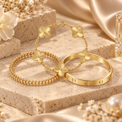 [Cadisa] CLASH & Clover Laser 5-Motif & LOVE Brushed Bracelet Stack Set