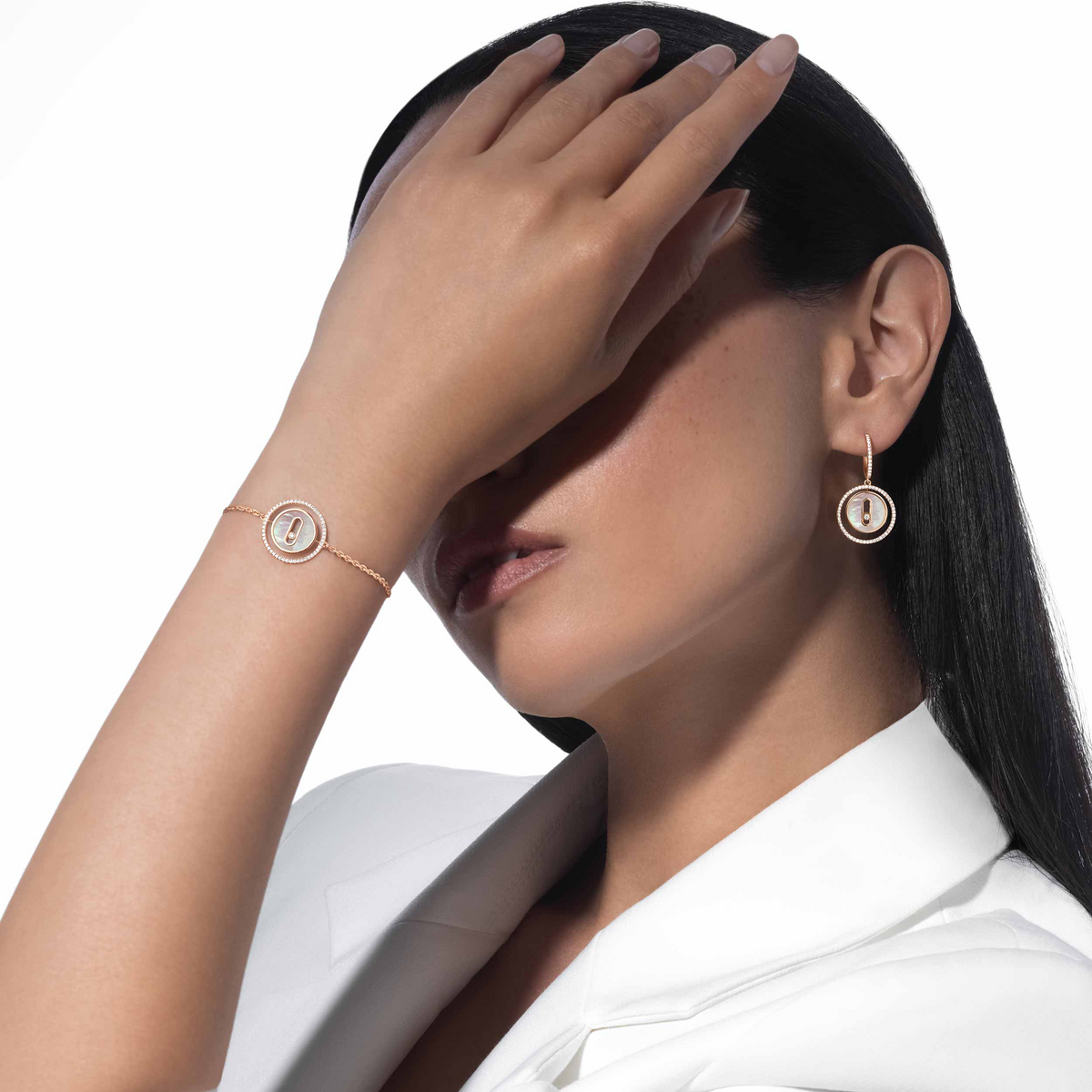 [Cadisa]LUCKY MOVE WHITE MOTHER OF PEARL PINK GOLD DIAMOND BRACELET