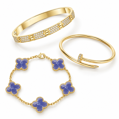 [Cadisa] LOVE & JUSTE & Blue Veins Clover 5-Motif Diamond Bracelet Stack Set