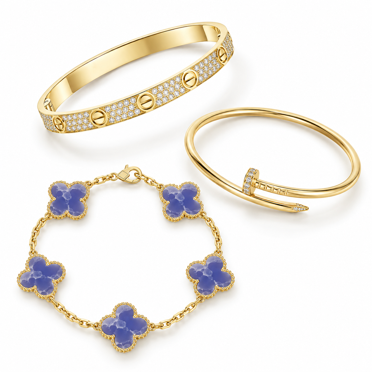 [Cadisa] LOVE & JUSTE & Blue Veins Clover 5-Motif Diamond Bracelet Stack Set