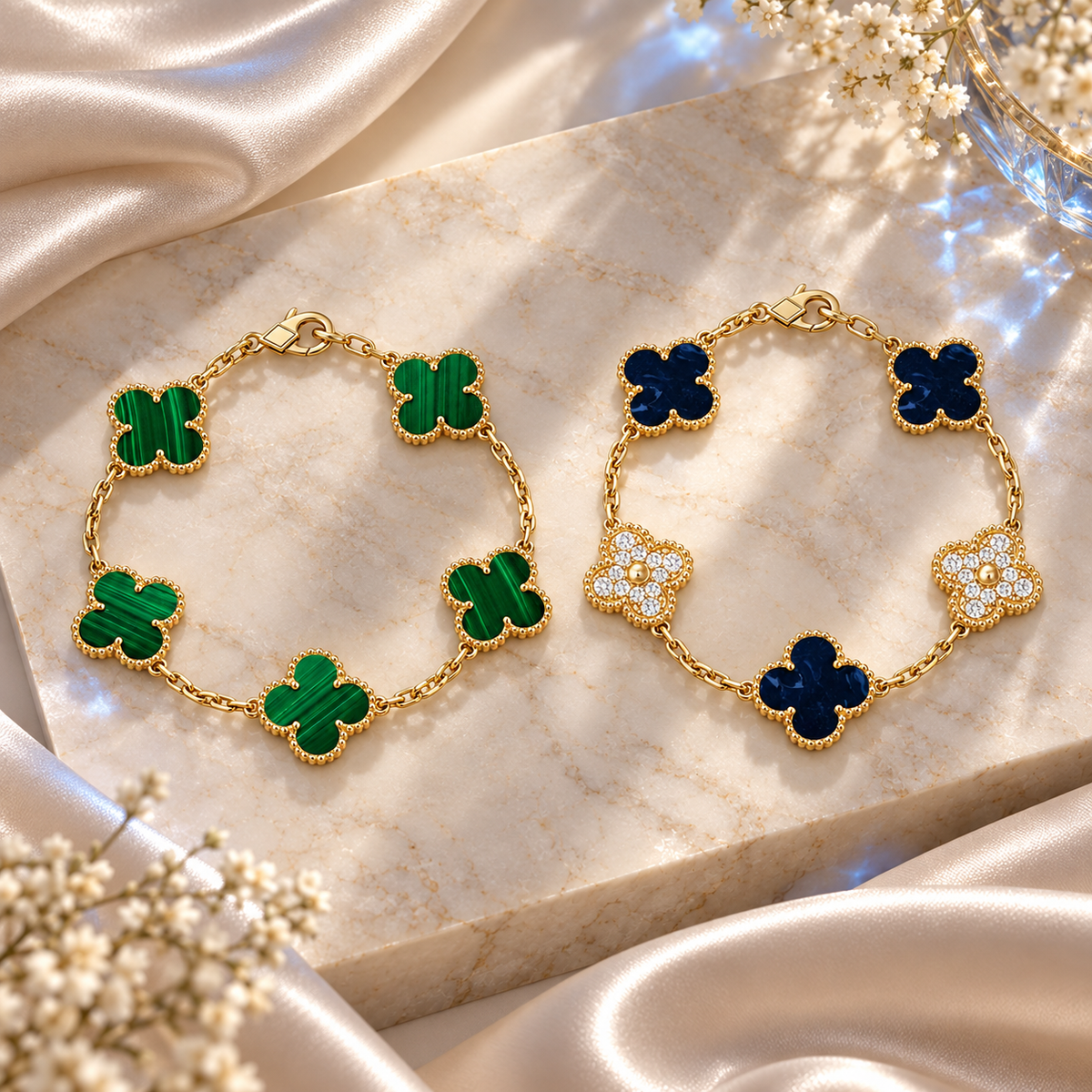 [Cadisa]Clover 5-Motif Malachite & Pietersite Bracelet Stack Set