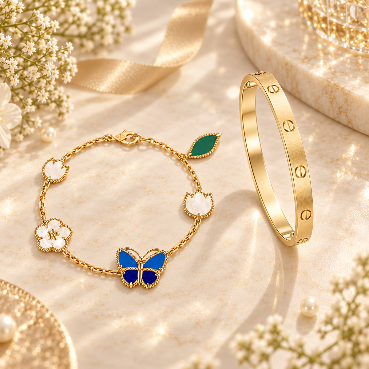 [Cadisa] LOVE Brushed & Lucky Spring Butterfly 5-Motif Bracelet Stack Set