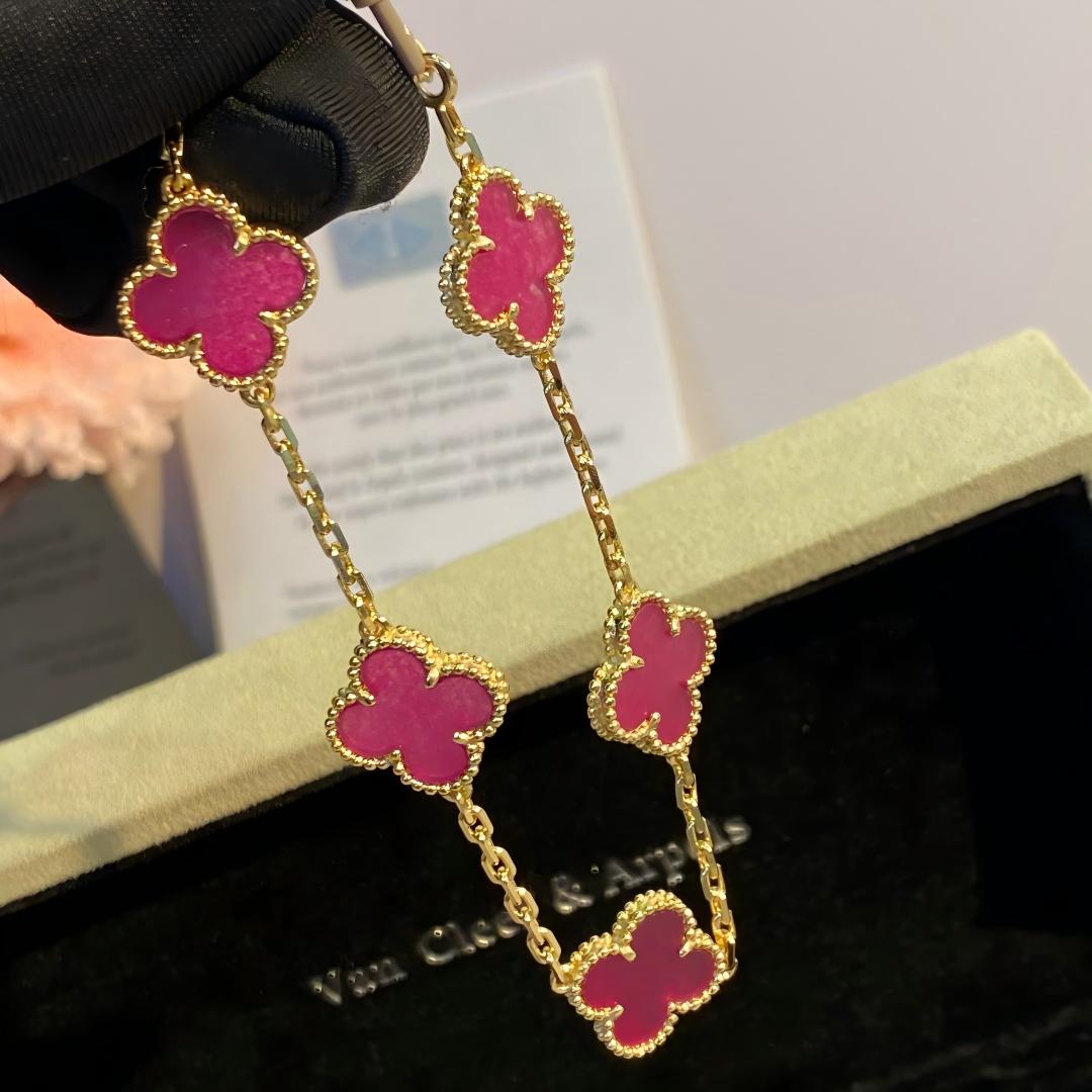 [Cadisa]NEW CLOVER 5 MOTIFS PINK ENAMEL BRACELET