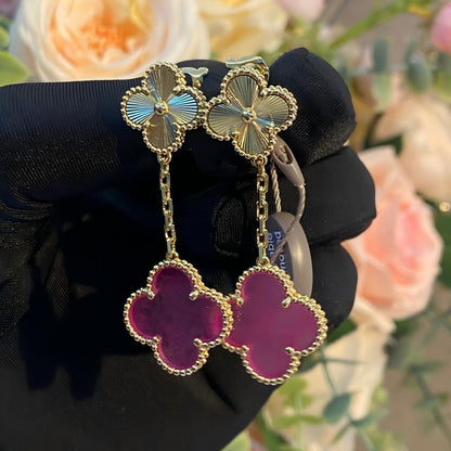 [Cadisa]NEW CLOVER 2 MOTIF PINK ENAMEL EARRINGS