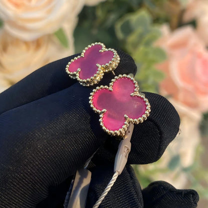 [Cadisa]NEW CLOVER 15MM PINK ENAMEL STUD EARRINGS