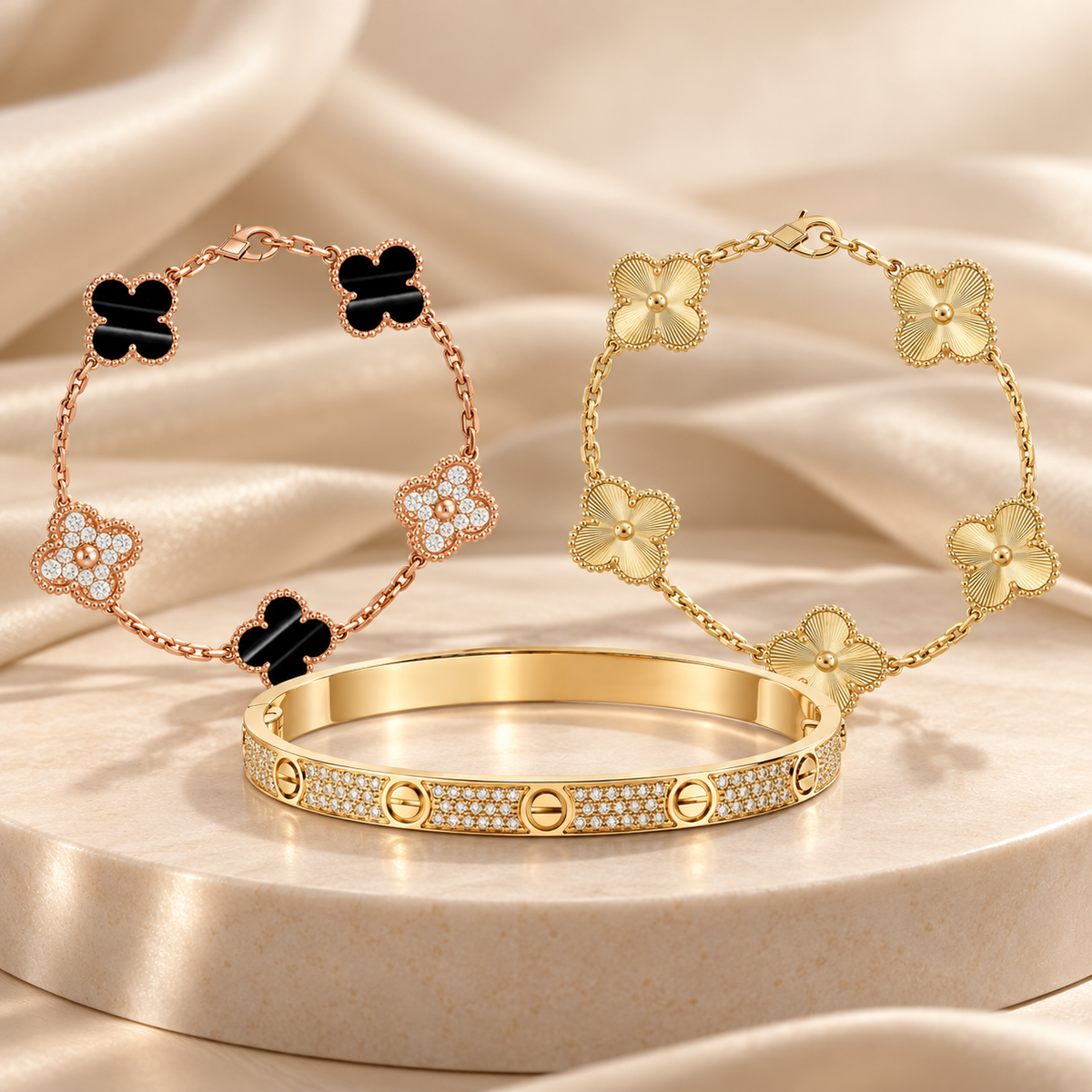 [Cadisa]Clover Laser  Pulsar Stone 5-Motif & LOVE Diamond-Paved Bracelet Stack Set
