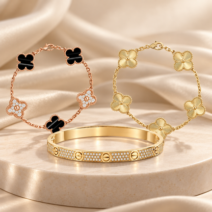 [Cadisa]Clover Laser  Pulsar Stone 5-Motif & LOVE Diamond-Paved Bracelet Stack Set