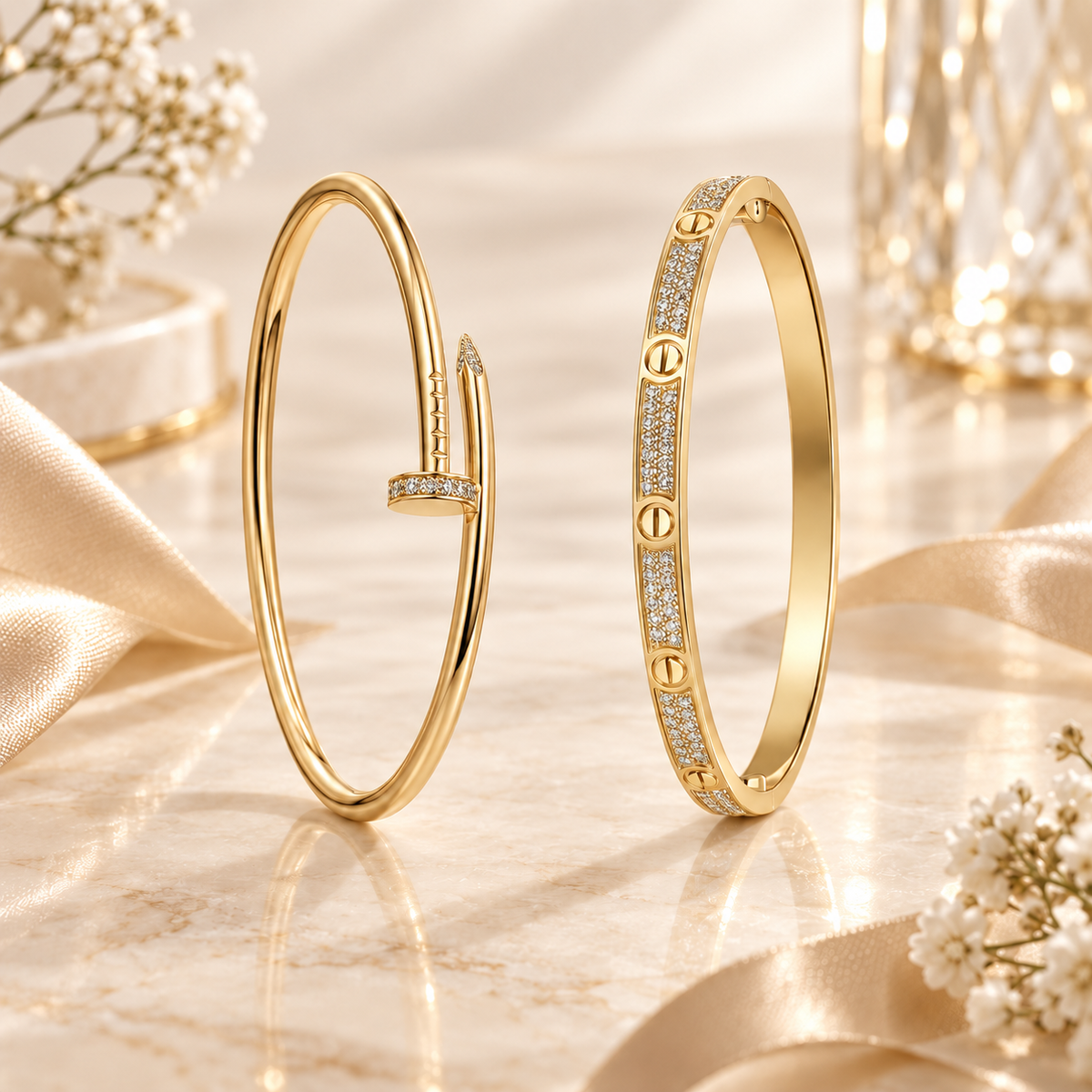 [Cadisa] JUSTE Diamond & LOVE Diamond-Paved Bracelet Stack Set