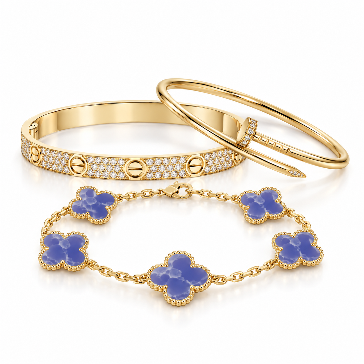 [Cadisa] LOVE & JUSTE & Blue Veins Clover 5-Motif Diamond Bracelet Stack Set