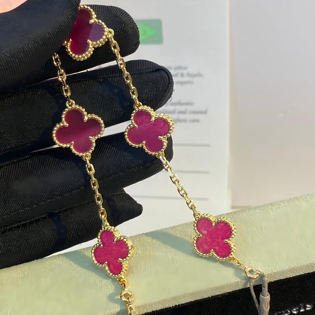 [Cadisa]NEW CLOVER 5 MOTIFS PINK ENAMEL BRACELET