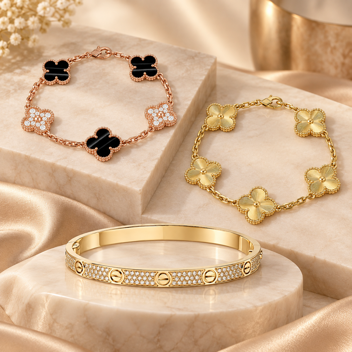 [Cadisa]Clover Laser  Pulsar Stone 5-Motif & LOVE Diamond-Paved Bracelet Stack Set