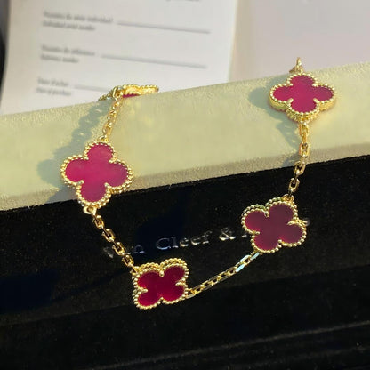 [Cadisa]NEW CLOVER 5 MOTIFS PINK ENAMEL BRACELET