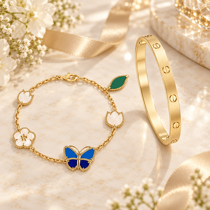 [Cadisa] LOVE Brushed & Lucky Spring Butterfly 5-Motif Bracelet Stack Set