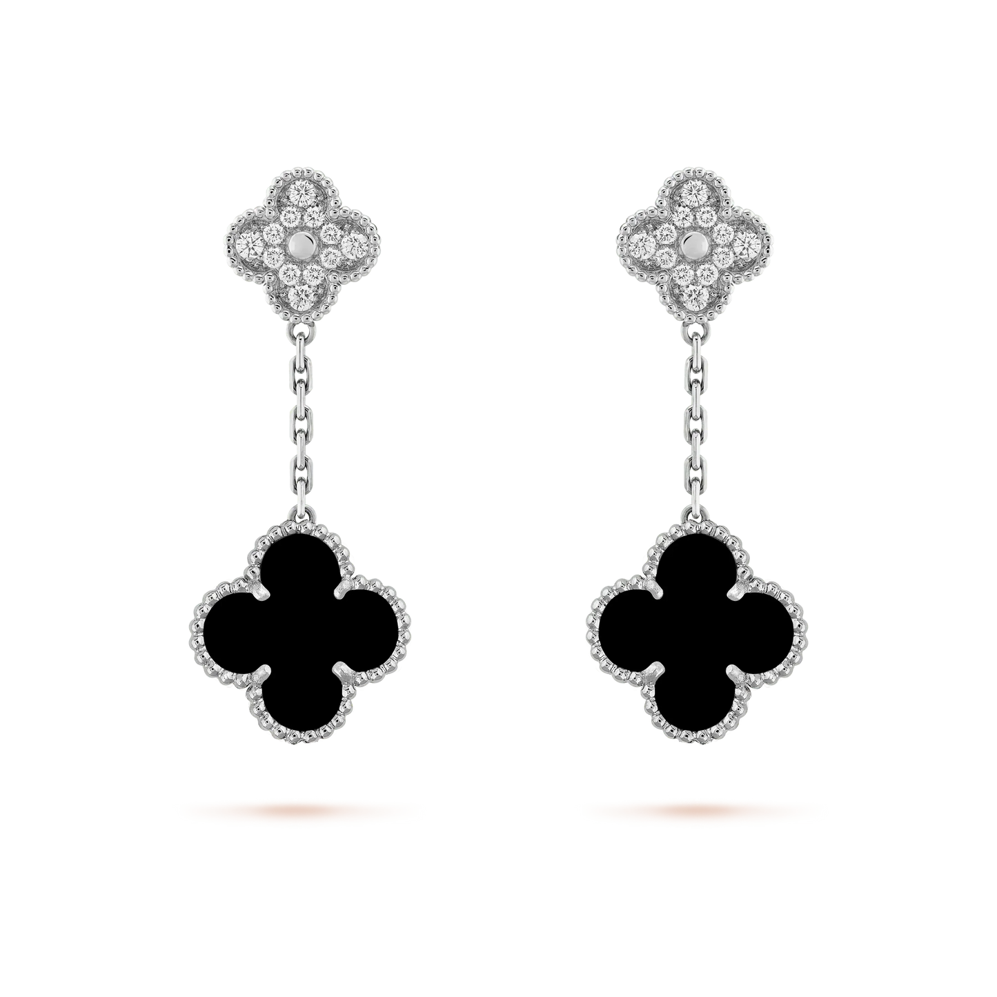 [Gaonasi]CLOVER 2 MOTIFS  DIAMOND ONYX EARRINGS SILVER