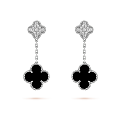 [Gaonasi]CLOVER 2 MOTIFS  DIAMOND ONYX EARRINGS SILVER