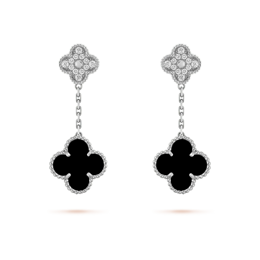[Gaonasi]CLOVER 2 MOTIFS  DIAMOND ONYX EARRINGS SILVER