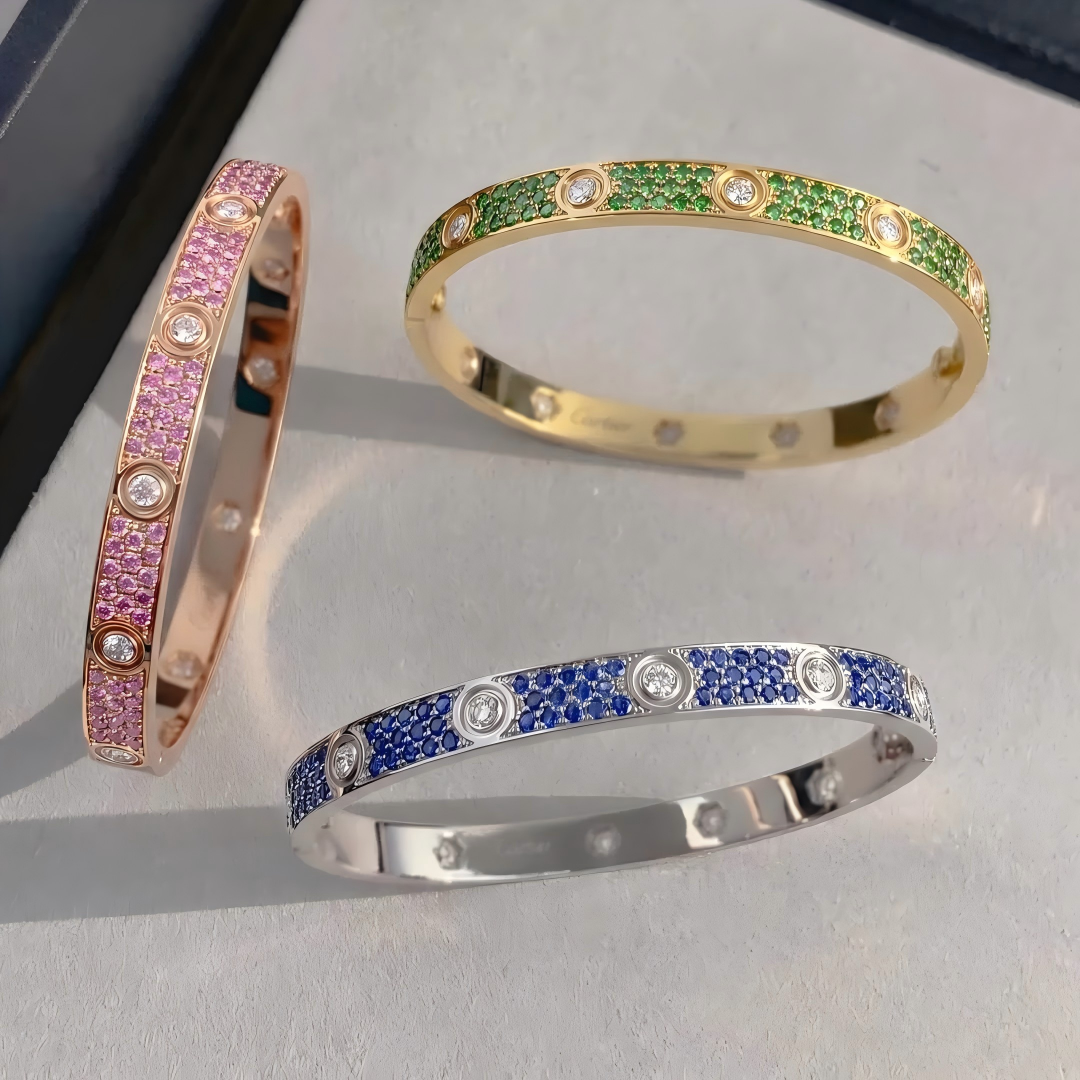 [Cadisa]Pave Gemstone Love &Force Large Horseshoe Diamond Duo Bracelet Stack Set