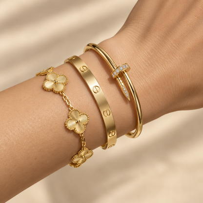 [Cadisa] Clover & Love & Juste 3-Piece Gold Bracelet Stack Set