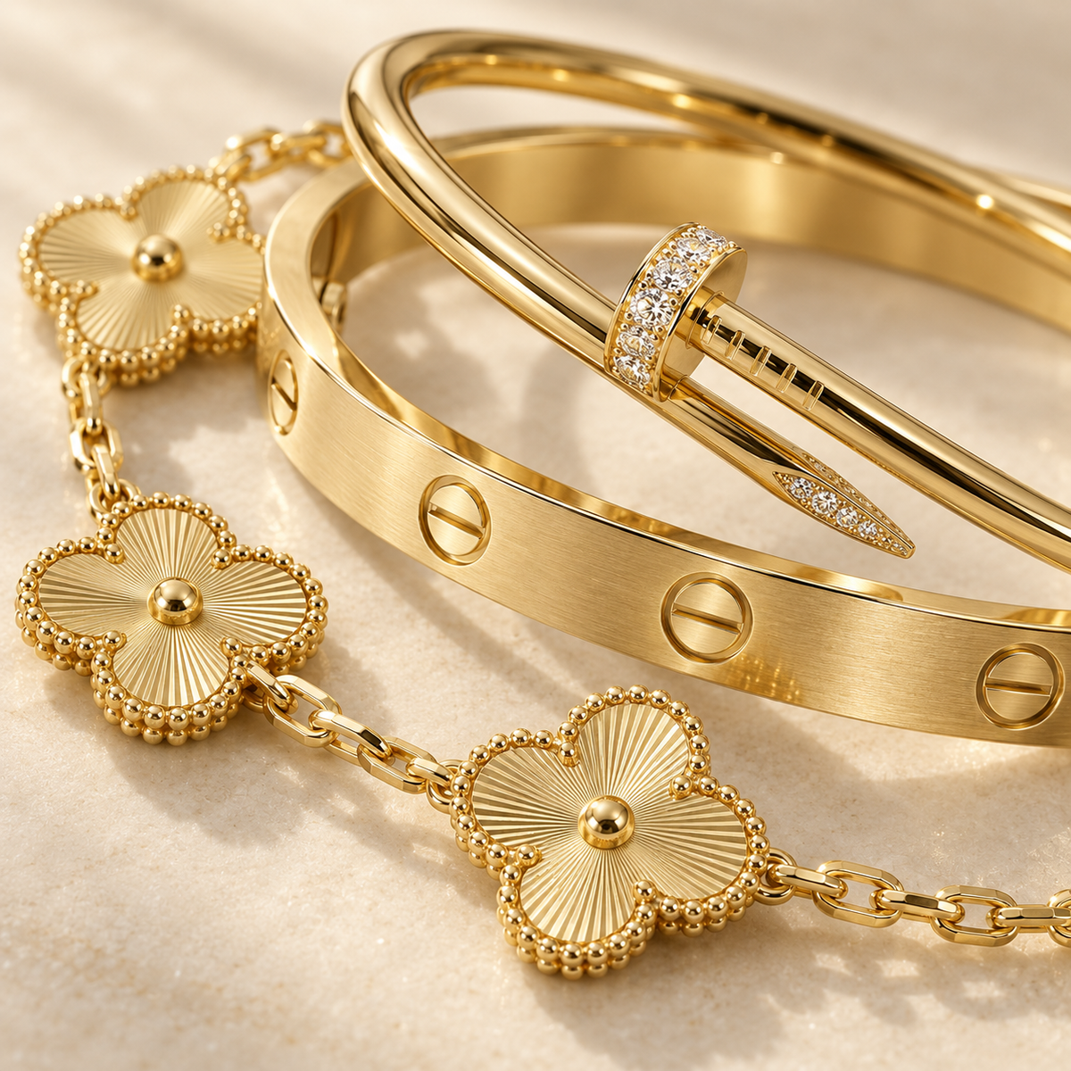 [Cadisa] Clover & Love & Juste 3-Piece Gold Bracelet Stack Set