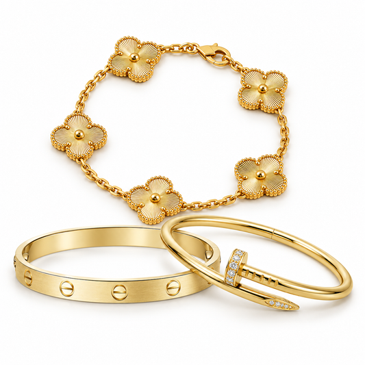 [Cadisa] Clover & Love & Juste 3-Piece Gold Bracelet Stack Set