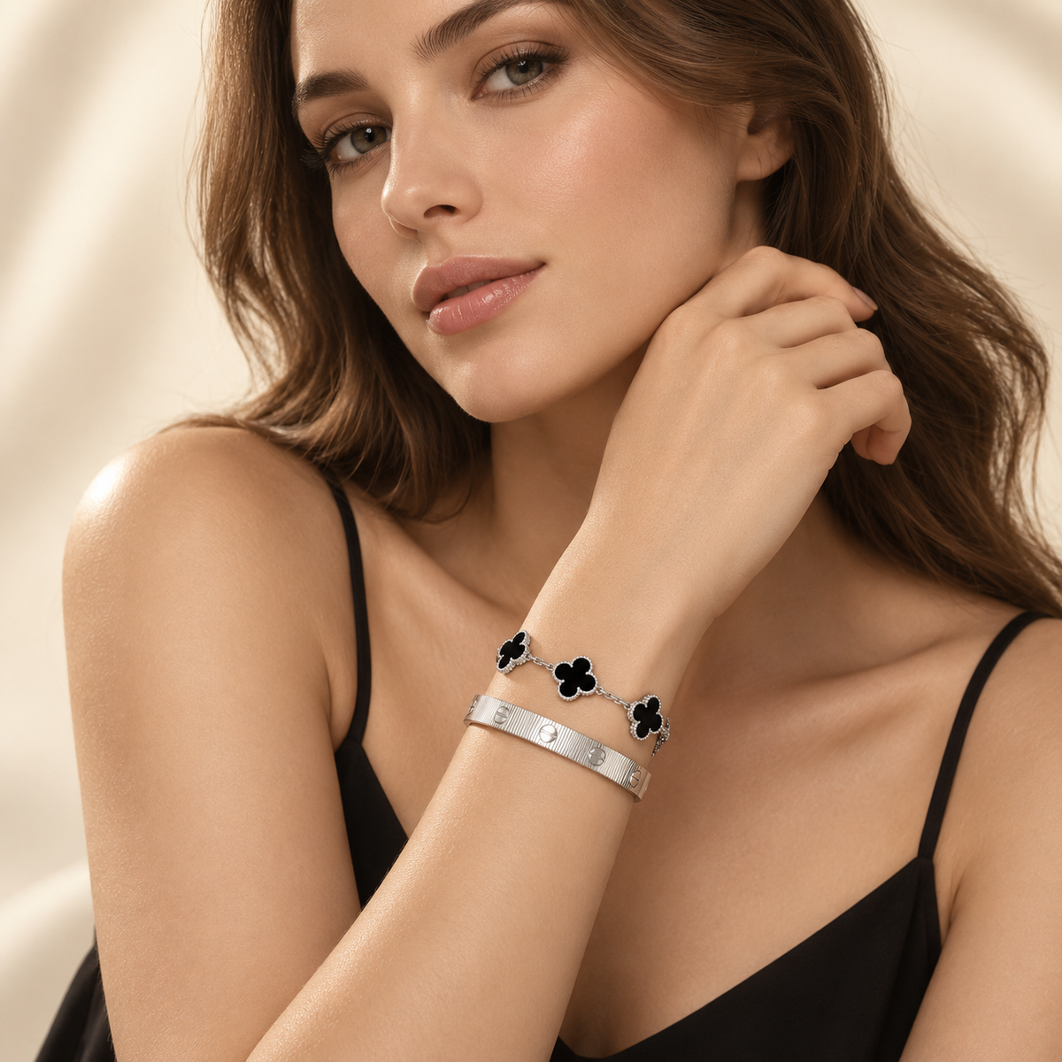 [Cadisa]Clover & Love Sliver 2-Piece Bracelet Stack Set