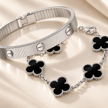 [Cadisa]Clover & Love Sliver 2-Piece Bracelet Stack Set