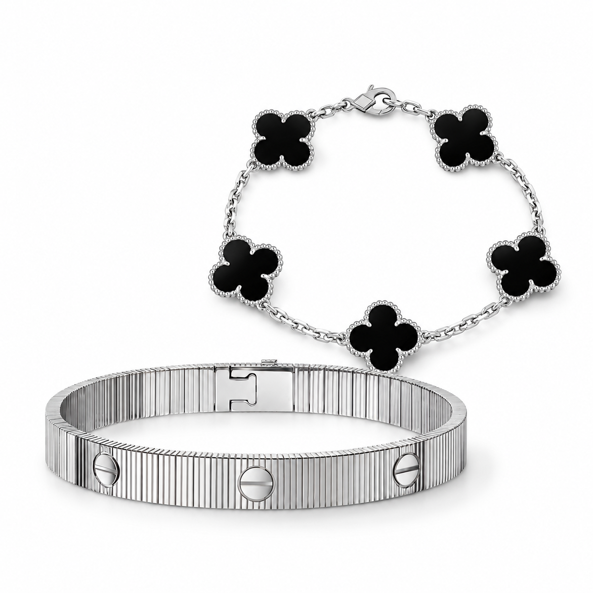 [Cadisa]Clover & Love Sliver 2-Piece Bracelet Stack Set