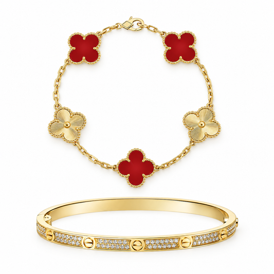 [Cadisa]Clover & Love Diamond-Paved Radiant Line 2-Piece Bracelet Stack Set