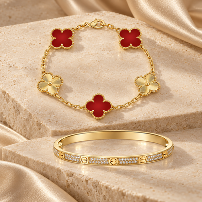 [Cadisa]Clover & Love Diamond-Paved Radiant Line 2-Piece Bracelet Stack Set