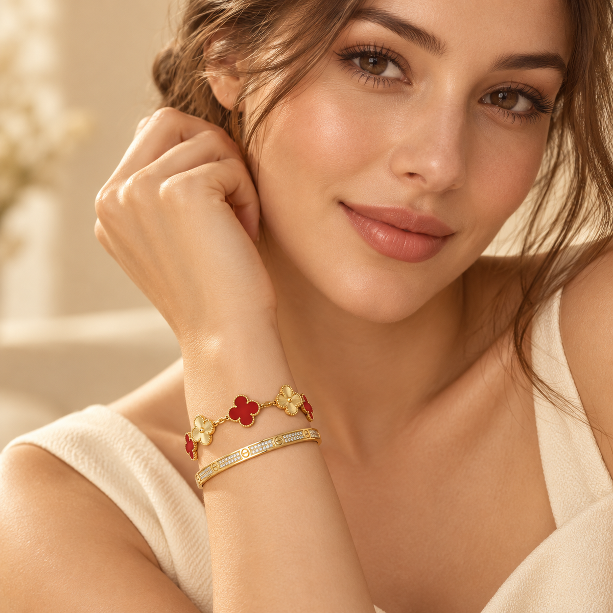 [Cadisa]Clover & Love Diamond-Paved Radiant Line 2-Piece Bracelet Stack Set