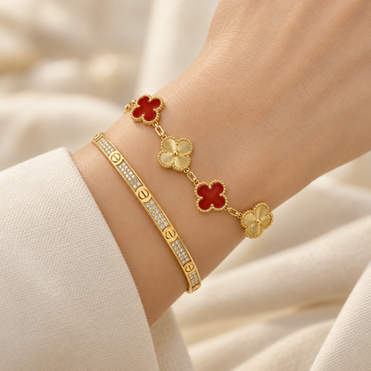 [Cadisa]Clover & Love Diamond-Paved Radiant Line 2-Piece Bracelet Stack Set