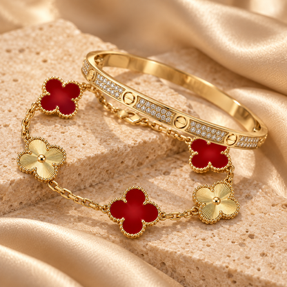 [Cadisa]Clover & Love Diamond-Paved Radiant Line 2-Piece Bracelet Stack Set
