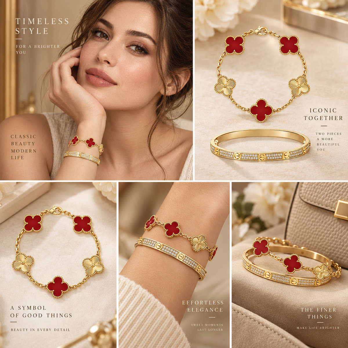 [Cadisa]Clover & Love Diamond-Paved Radiant Line 2-Piece Bracelet Stack Set