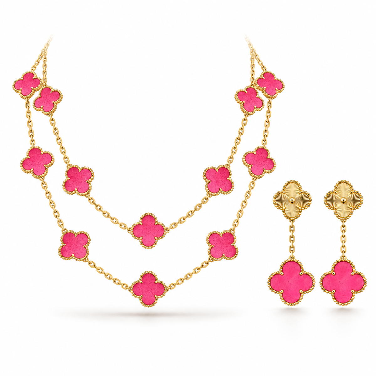 [Cadisa]Clover Pink Enamel Necklace & Earring Jewelry Set