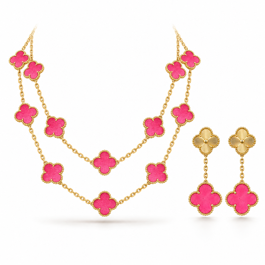 [Cadisa]Clover Pink Enamel Necklace & Earring Jewelry Set