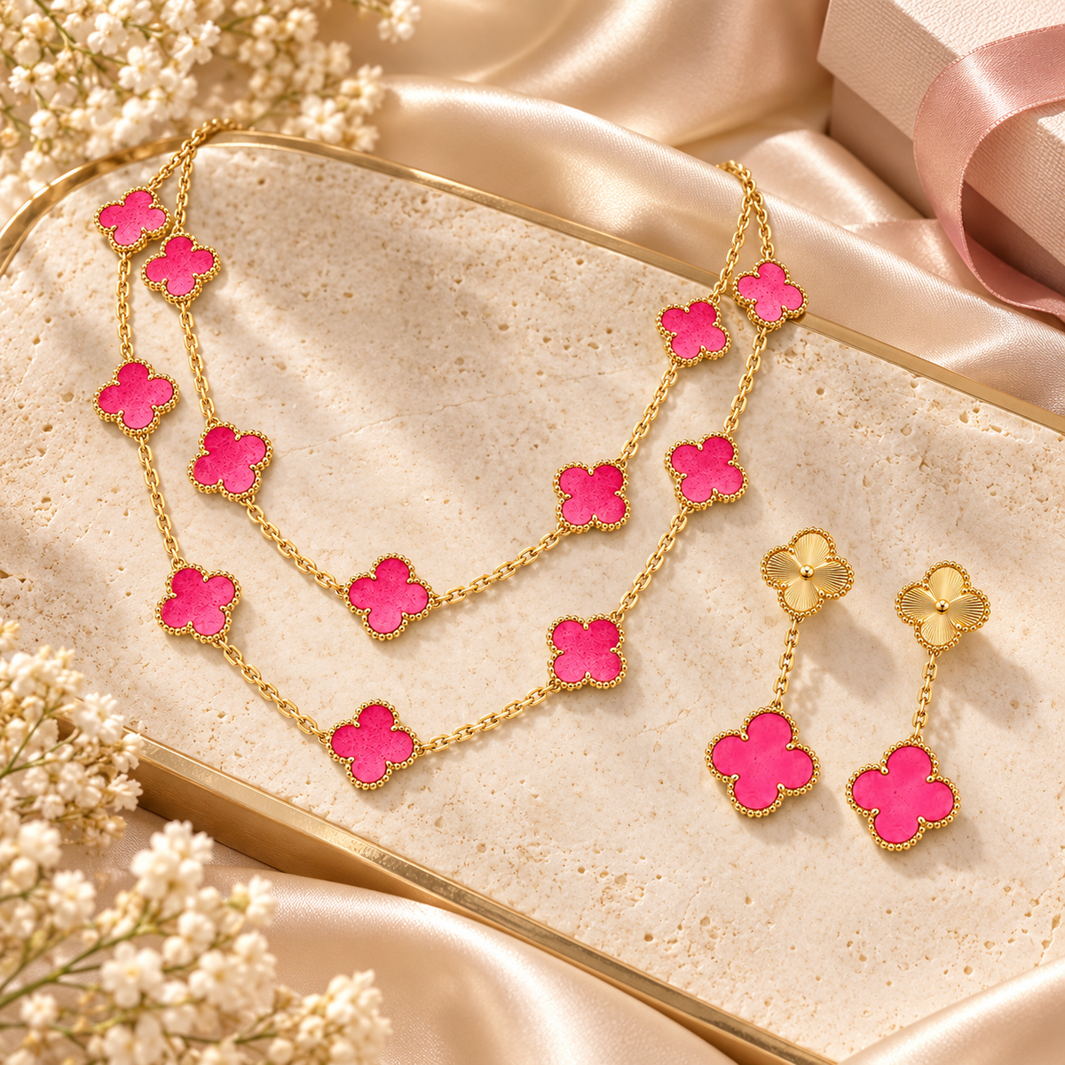 [Cadisa]Clover Pink Enamel Necklace & Earring Jewelry Set