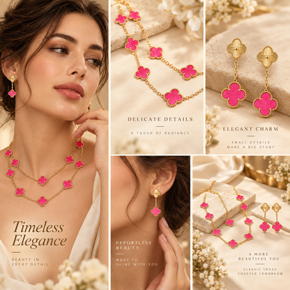 [Cadisa]Clover Pink Enamel Necklace & Earring Jewelry Set
