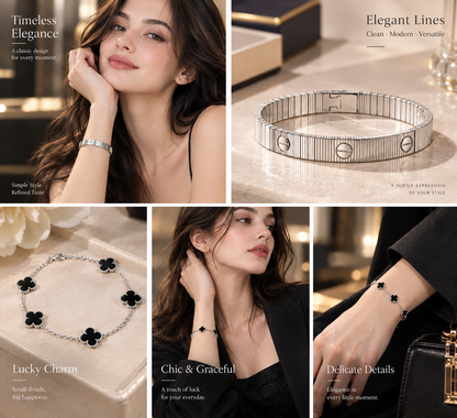 [Cadisa]Clover & Love Sliver 2-Piece Bracelet Stack Set
