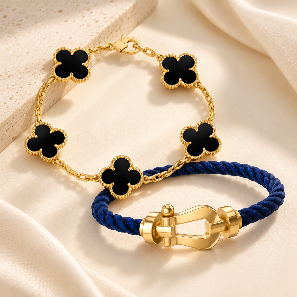 [Cadisa]Force Horseshoe & Clover 5 Motifs Bracelet Stack Set
