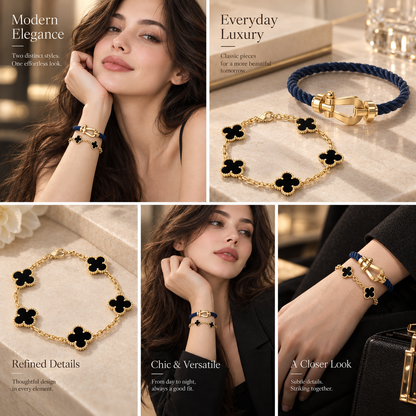 [Cadisa]Force Horseshoe & Clover 5 Motifs Bracelet Stack Set