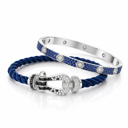 [Cadisa]Pave Gemstone Love &Force Large Horseshoe Diamond Duo Bracelet Stack Set
