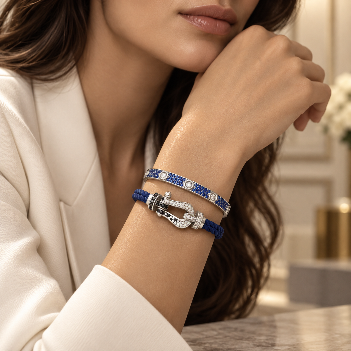 [Cadisa]Pave Gemstone Love &Force Large Horseshoe Diamond Duo Bracelet Stack Set