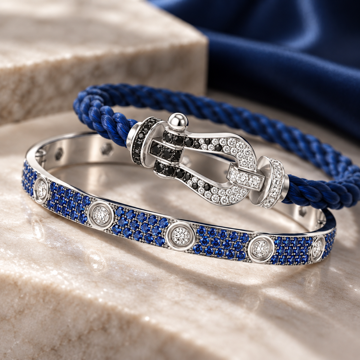 [Cadisa]Pave Gemstone Love &Force Large Horseshoe Diamond Duo Bracelet Stack Set