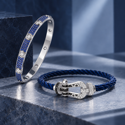 [Cadisa]Pave Gemstone Love &Force Large Horseshoe Diamond Duo Bracelet Stack Set