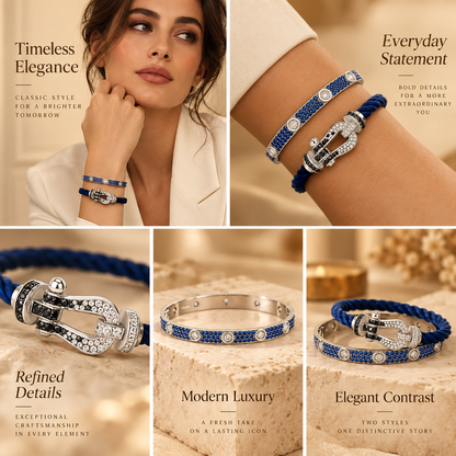 [Cadisa]Pave Gemstone Love &Force Large Horseshoe Diamond Duo Bracelet Stack Set