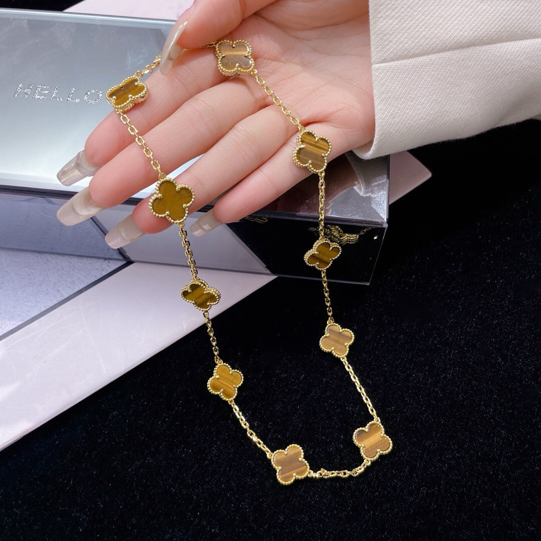 [Gaonasi]CLOVER 10 MOTIFS TIGER EYE NECKLACE