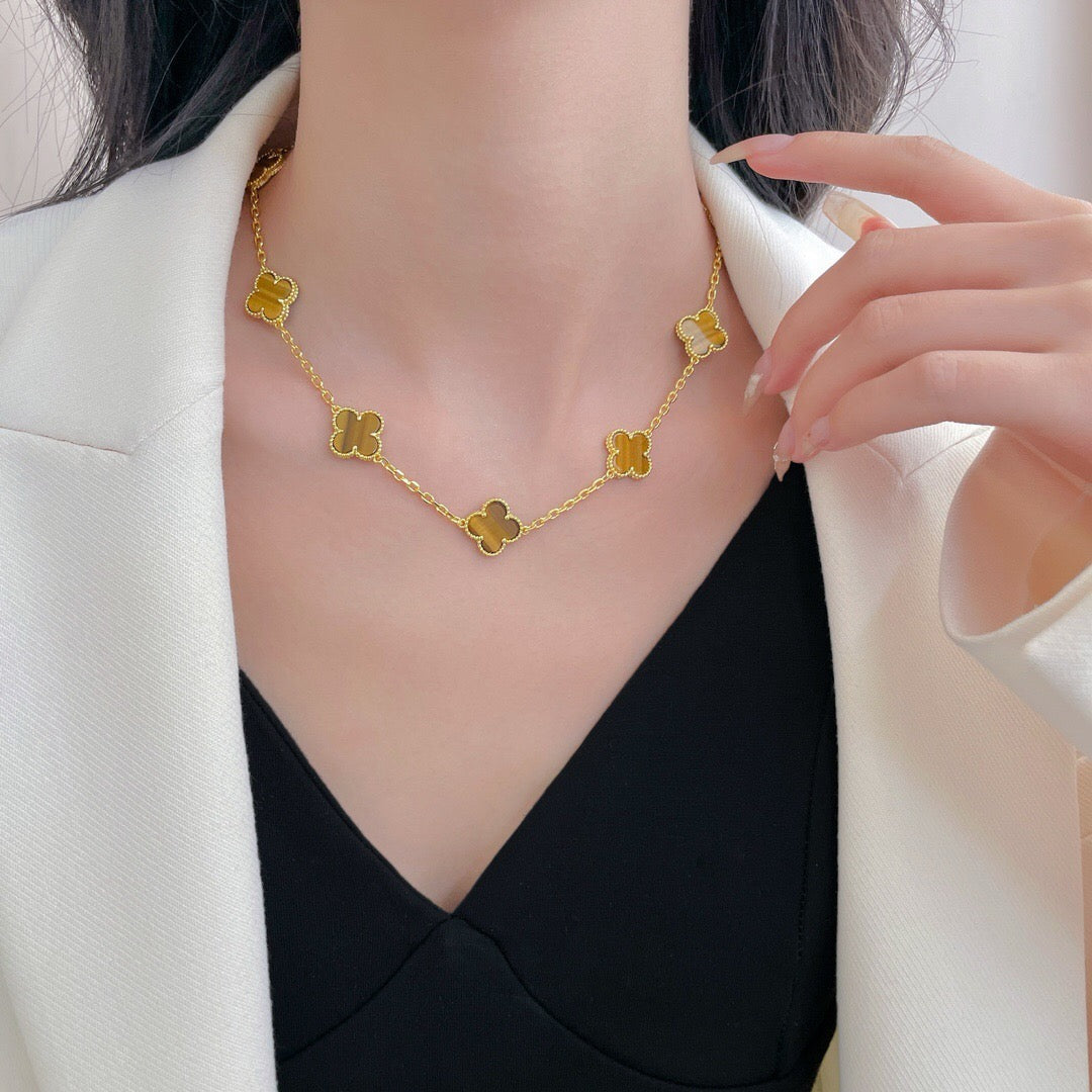 [Gaonasi]CLOVER 10 MOTIFS TIGER EYE NECKLACE