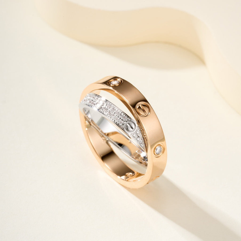 [Gaonasi Jewelry]LOVE PINK GOLD SILVER DIAMOND DOUBLE RING