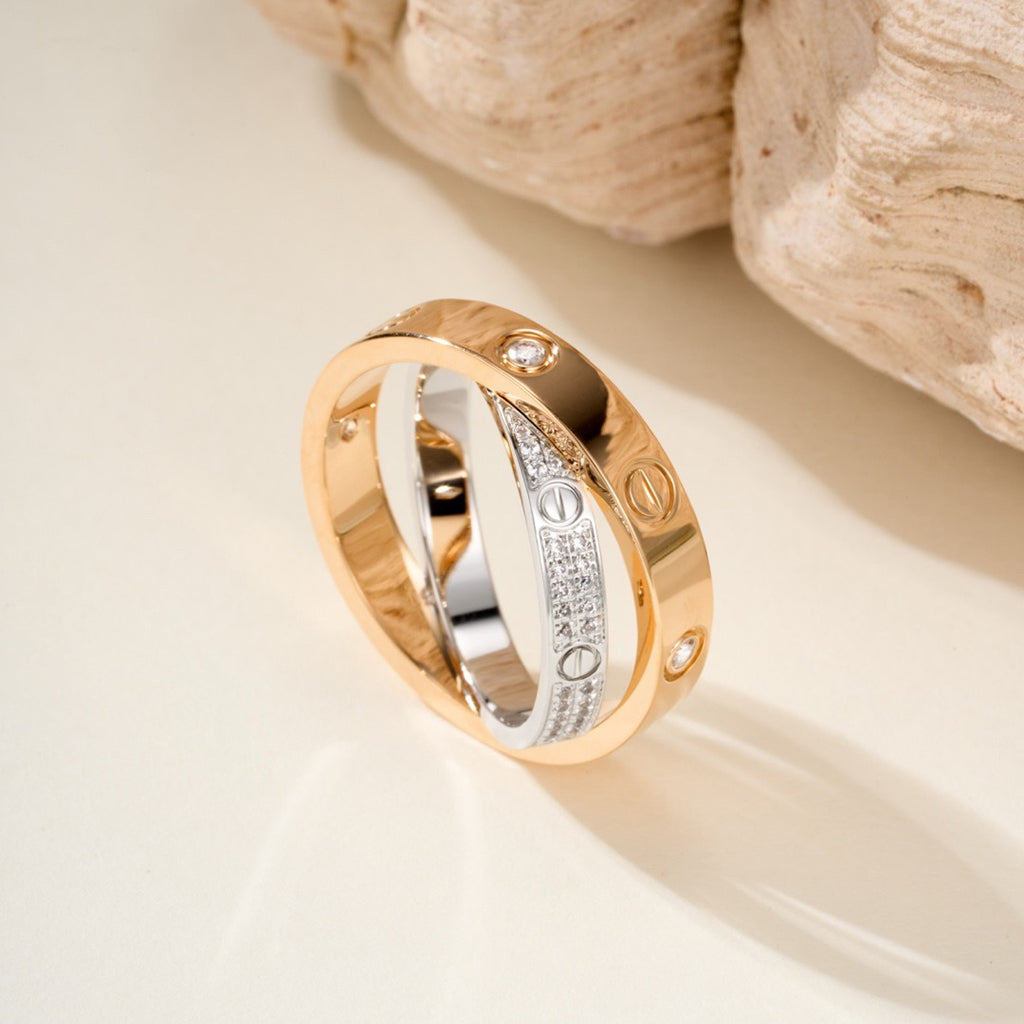 [Gaonasi Jewelry]LOVE PINK GOLD SILVER DIAMOND DOUBLE RING