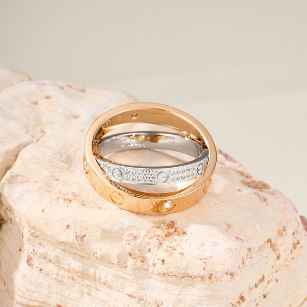 [Gaonasi Jewelry]LOVE PINK GOLD SILVER DIAMOND DOUBLE RING